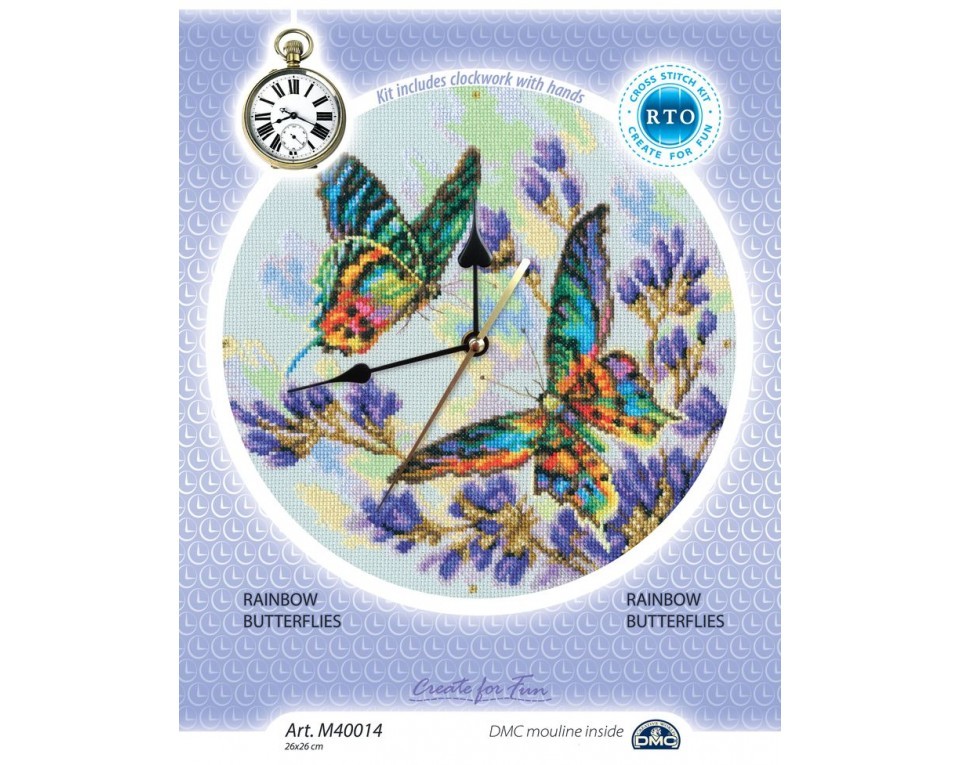 Cross-Stitch Kit – clock "Rainbow butterflies", Article: M40014